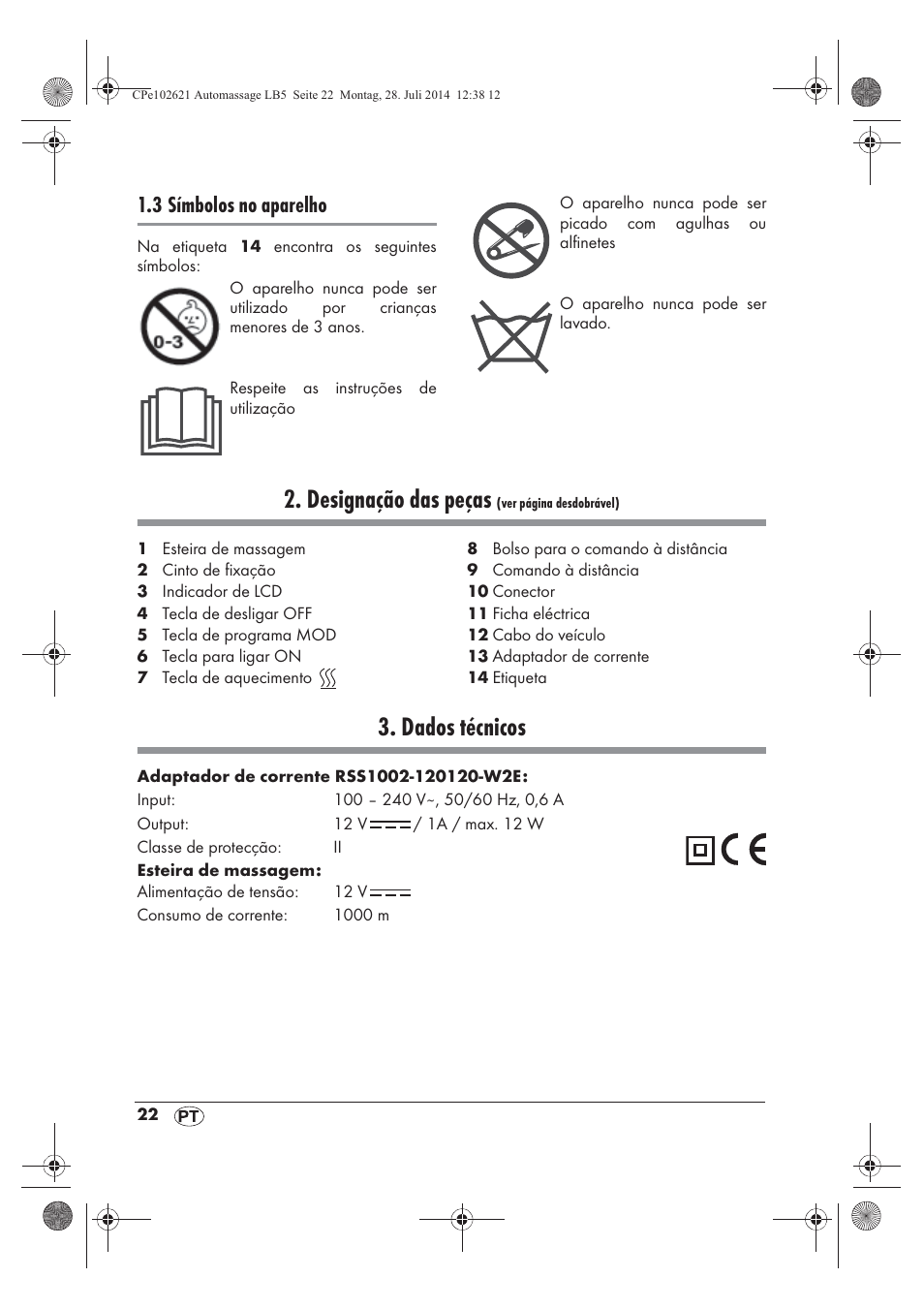 Designação das peças, Dados técnicos, 3 símbolos no aparelho | Ultimate Speed UAMM 12 A1 User Manual | Page 24 / 50