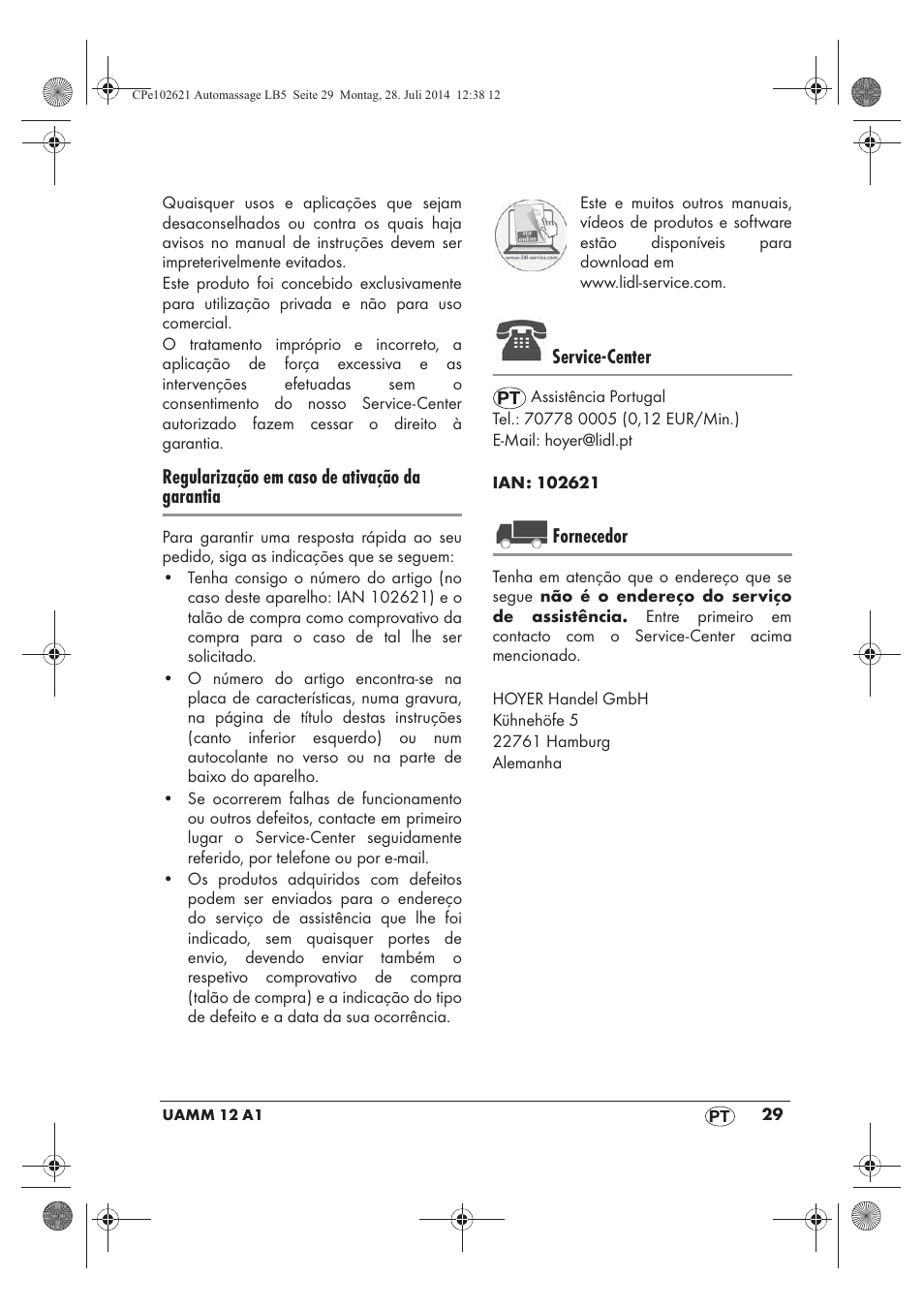 Regularização em caso de ativação da garantia, Service-center, Fornecedor | Ultimate Speed UAMM 12 A1 User Manual | Page 31 / 50