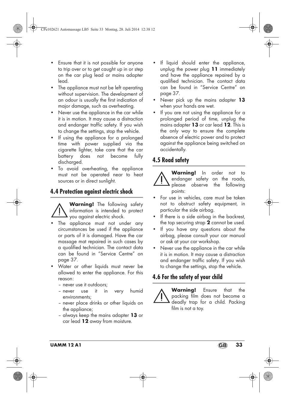 4 protection against electric shock, 5 road safety, 6 for the safety of your child | Ultimate Speed UAMM 12 A1 User Manual | Page 35 / 50