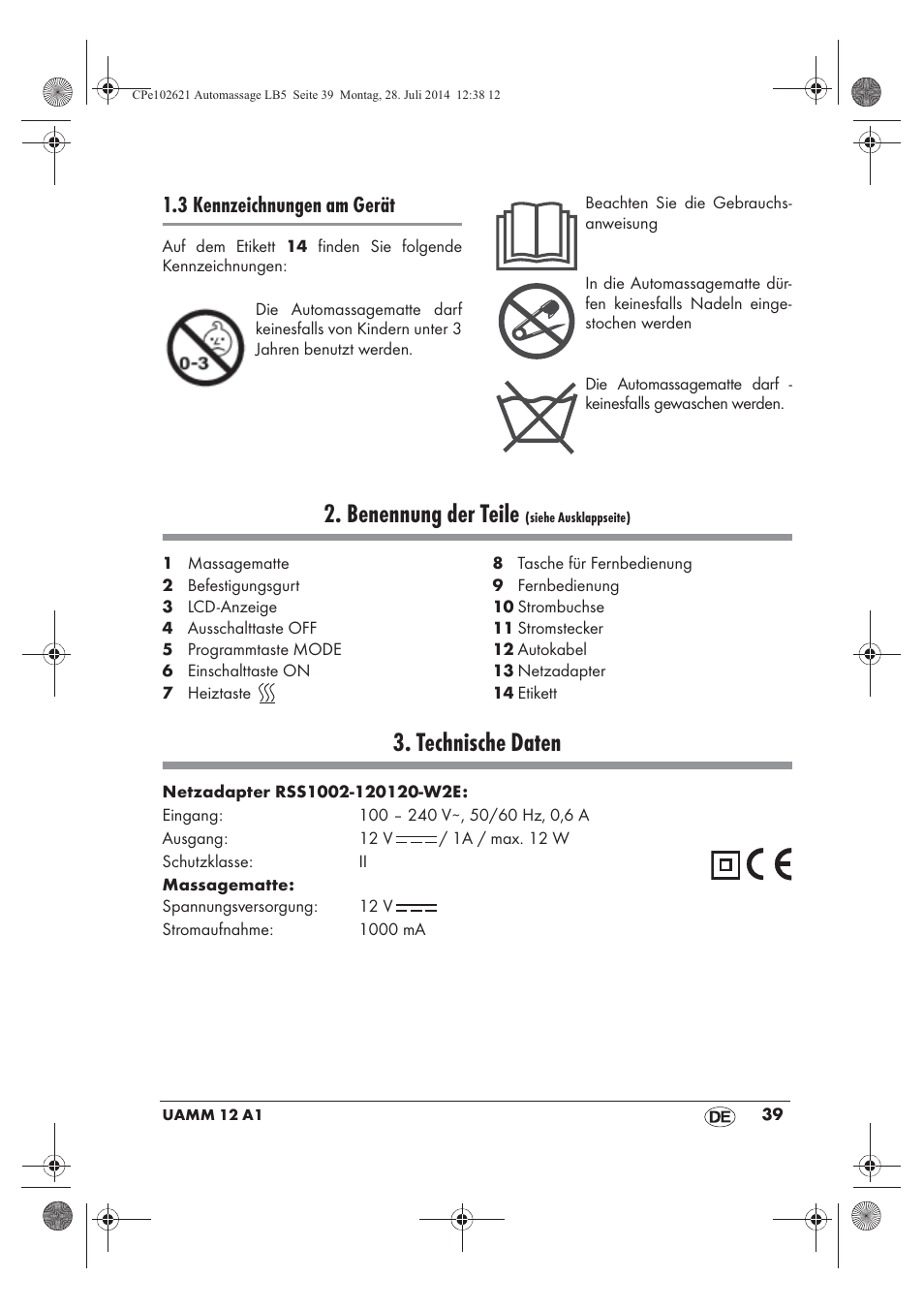 Benennung der teile, Technische daten, 3 kennzeichnungen am gerät | Ultimate Speed UAMM 12 A1 User Manual | Page 41 / 50