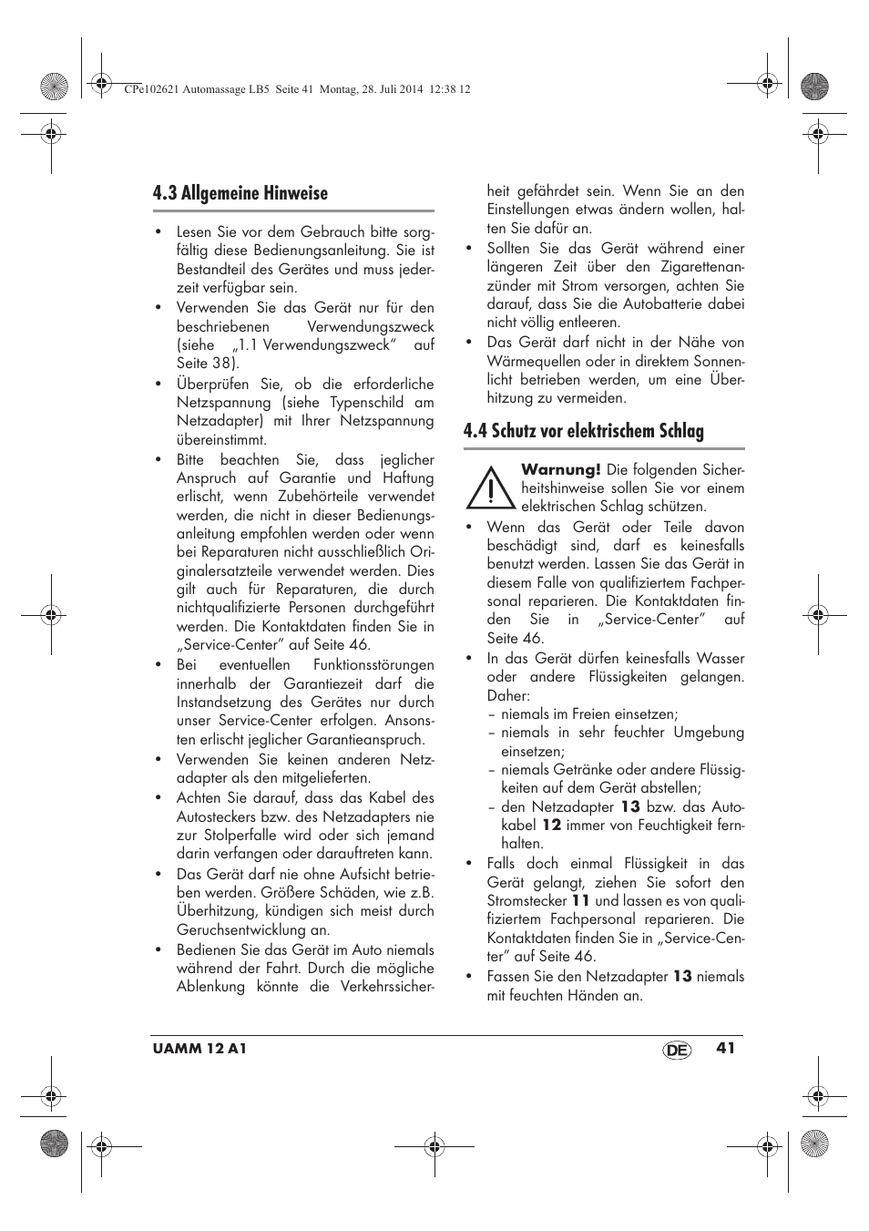 3 allgemeine hinweise, 4 schutz vor elektrischem schlag | Ultimate Speed UAMM 12 A1 User Manual | Page 43 / 50