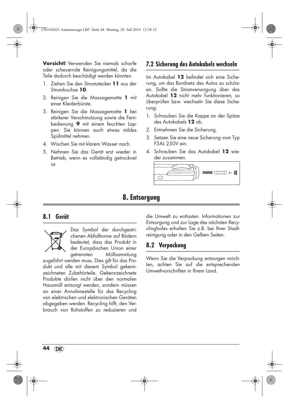 Entsorgung, 2 sicherung des autokabels wechseln, 1 gerät | 2 verpackung | Ultimate Speed UAMM 12 A1 User Manual | Page 46 / 50