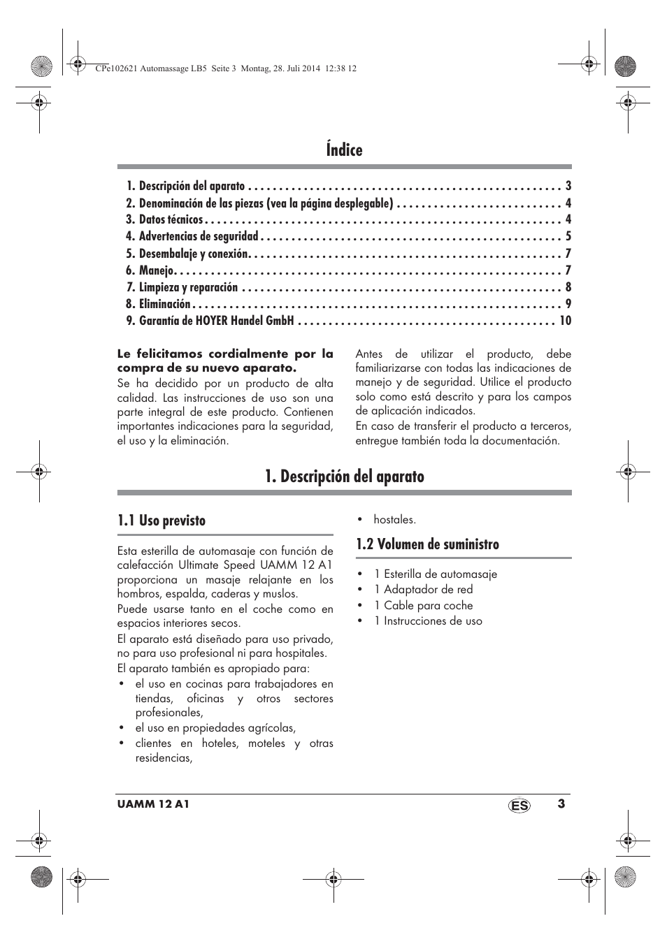 Índice, Descripción del aparato, 1 uso previsto | 2 volumen de suministro | Ultimate Speed UAMM 12 A1 User Manual | Page 5 / 50