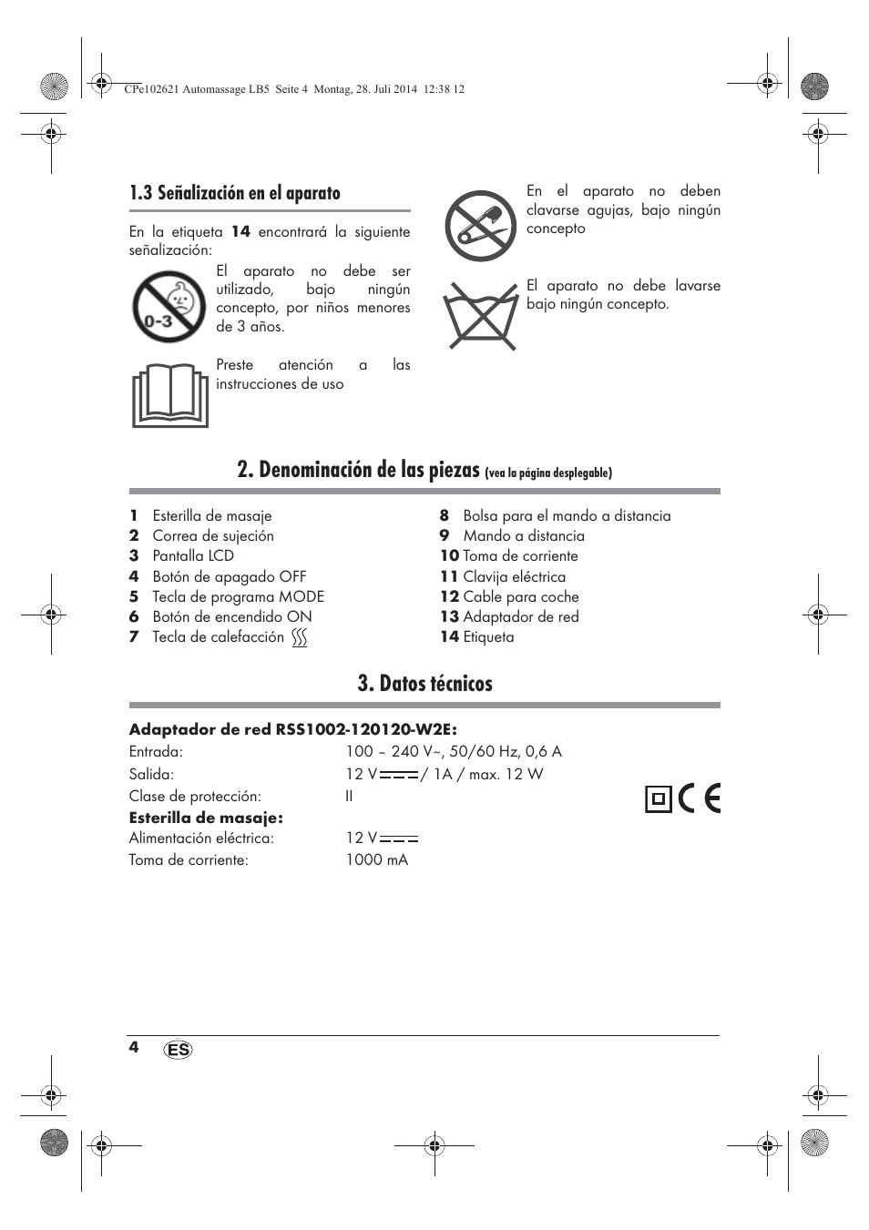 Denominación de las piezas, Datos técnicos, 3 señalización en el aparato | Ultimate Speed UAMM 12 A1 User Manual | Page 6 / 50