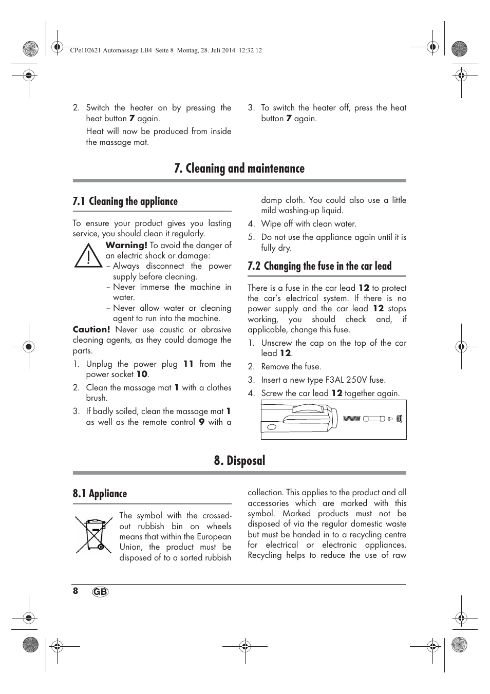 Cleaning and maintenance, Disposal, 1 cleaning the appliance | 2 changing the fuse in the car lead, 1 appliance | Ultimate Speed UAMM 12 A1 User Manual | Page 10 / 66