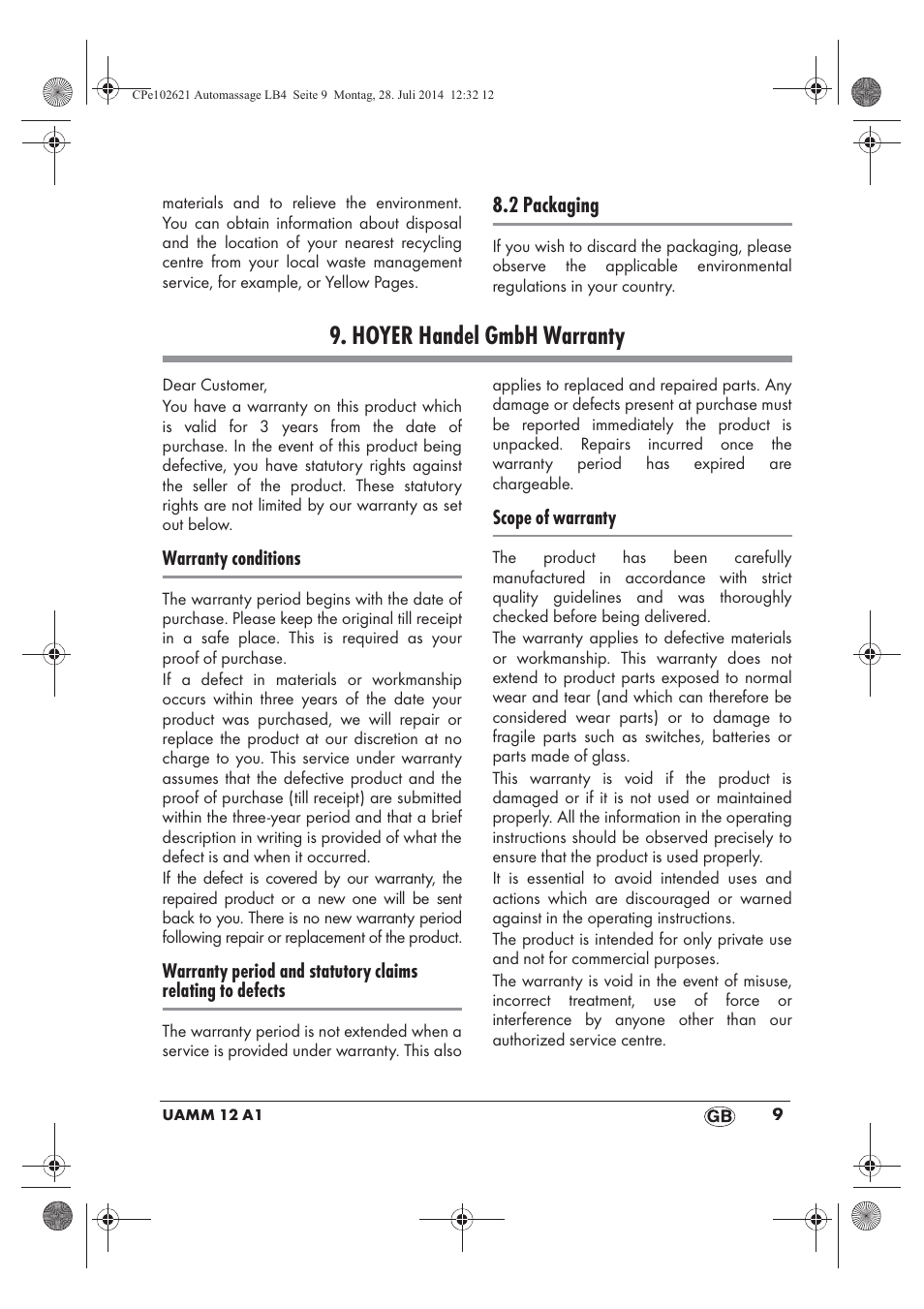 Hoyer handel gmbh warranty, 2 packaging | Ultimate Speed UAMM 12 A1 User Manual | Page 11 / 66