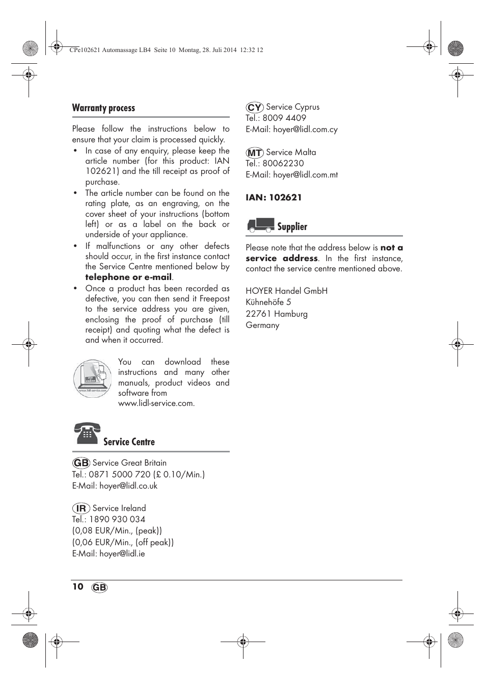 Warranty process, Service centre, Supplier | Ultimate Speed UAMM 12 A1 User Manual | Page 12 / 66