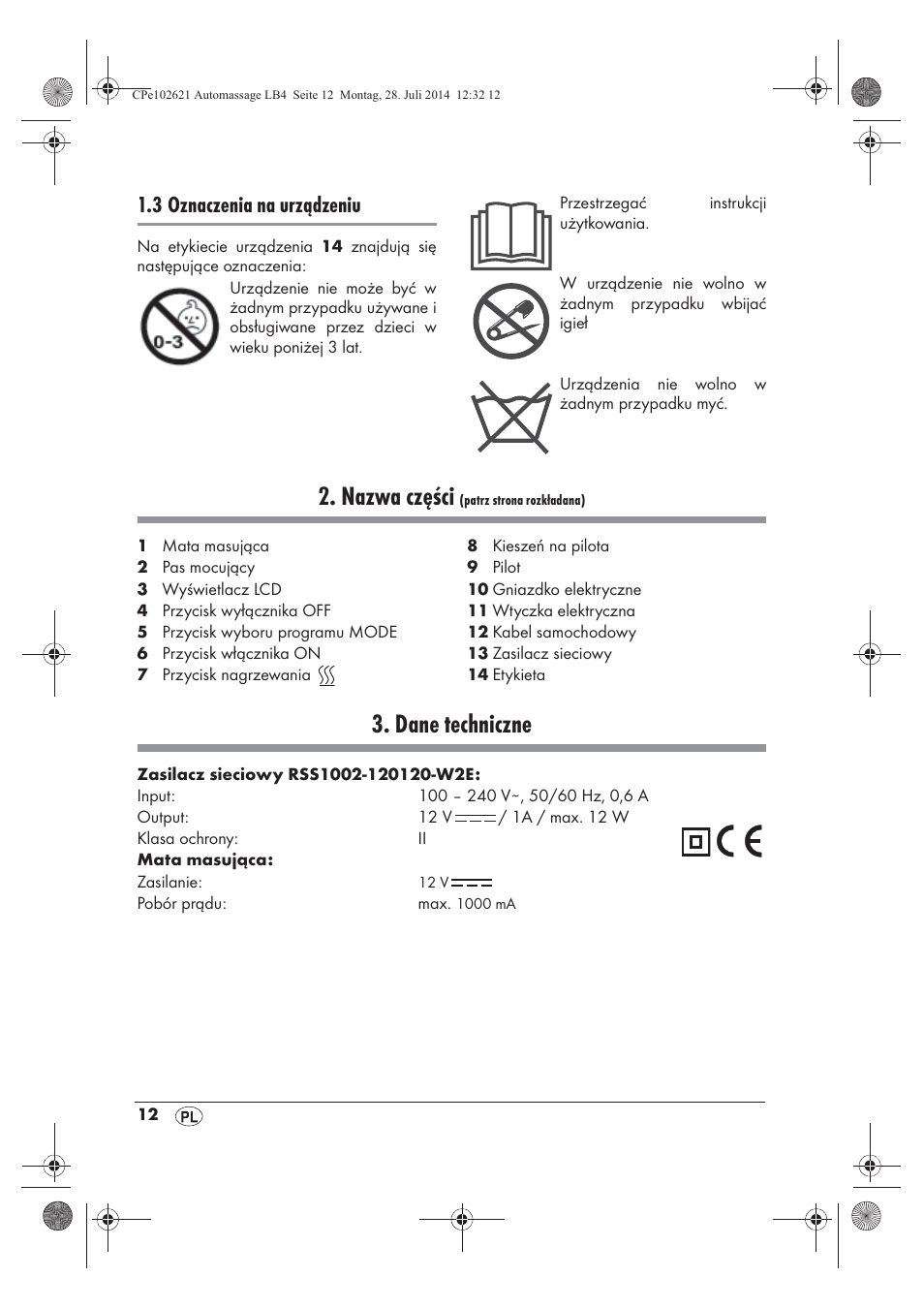 Nazwa części, Dane techniczne, 3 oznaczenia na urządzeniu | Ultimate Speed UAMM 12 A1 User Manual | Page 14 / 66