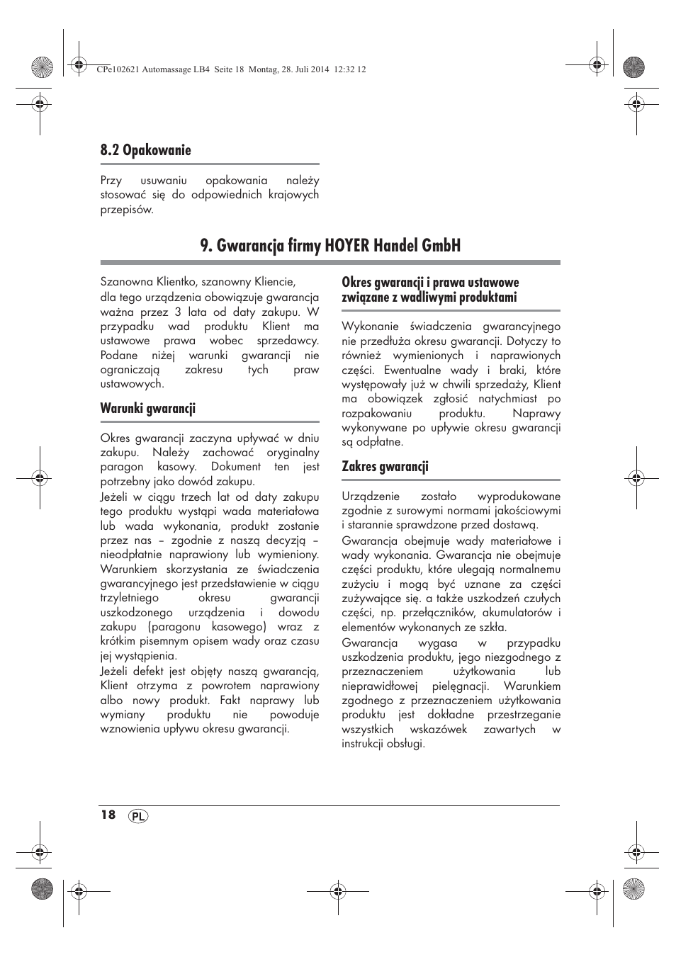 Gwarancja firmy hoyer handel gmbh | Ultimate Speed UAMM 12 A1 User Manual | Page 20 / 66