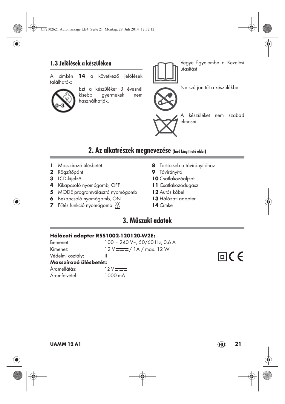 Az alkatrészek megnevezése, Műszaki adatok, 3 jelölések a készüléken | Ultimate Speed UAMM 12 A1 User Manual | Page 23 / 66