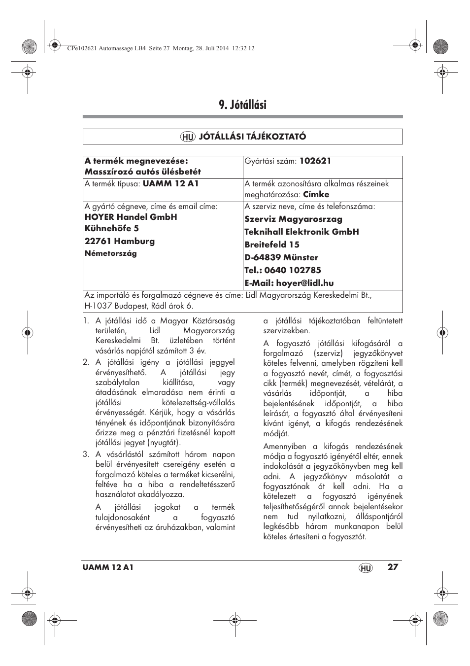 Jótállási | Ultimate Speed UAMM 12 A1 User Manual | Page 29 / 66