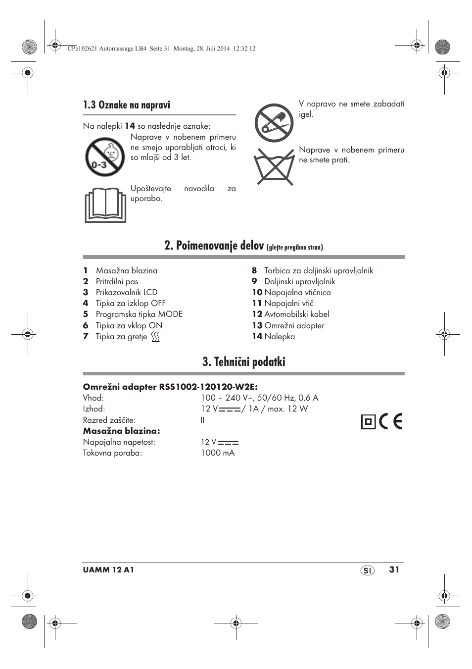 Poimenovanje delov, Tehnični podatki, 3 oznake na napravi | Ultimate Speed UAMM 12 A1 User Manual | Page 33 / 66