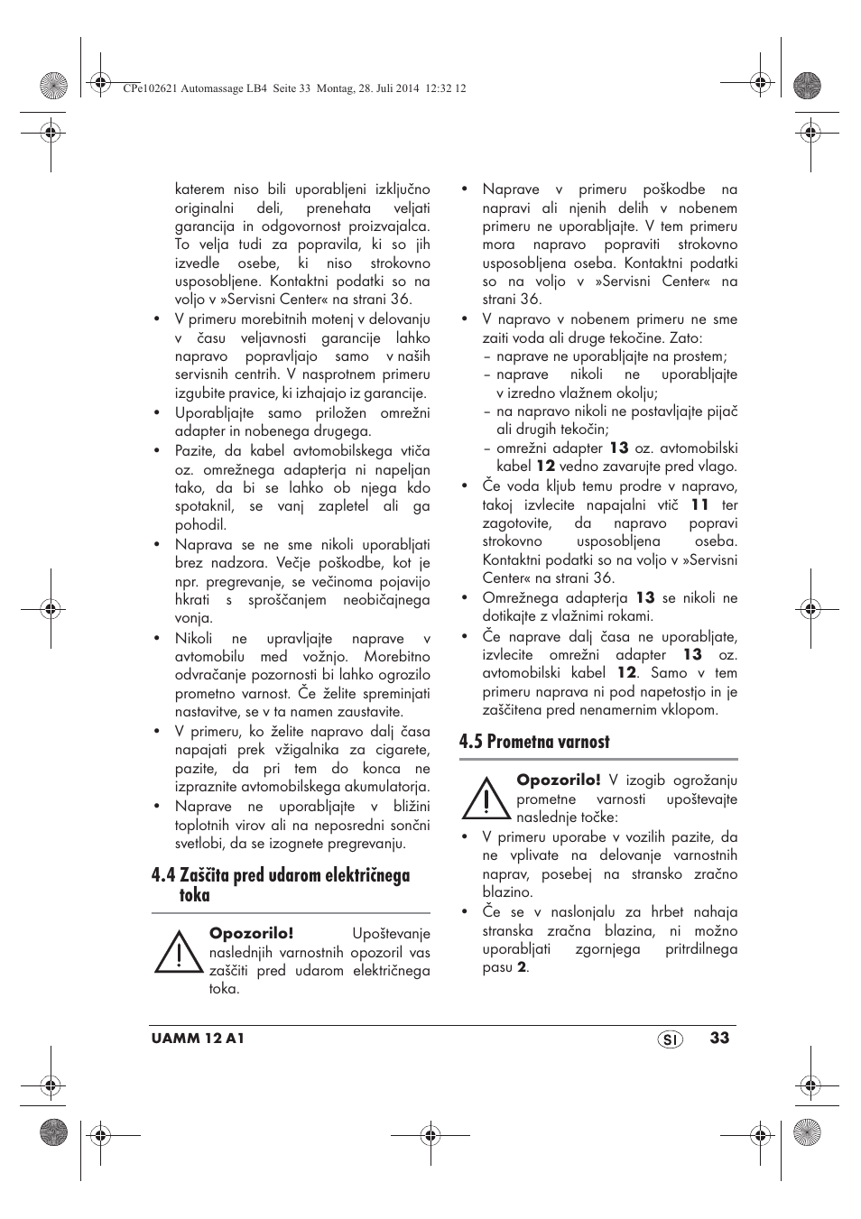 4 zaščita pred udarom električnega toka, 5 prometna varnost | Ultimate Speed UAMM 12 A1 User Manual | Page 35 / 66