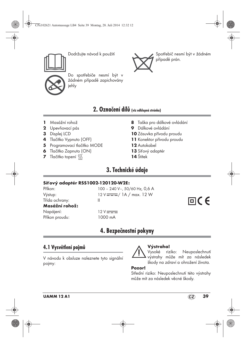 Označení dílů, Technické údaje, Bezpečnostní pokyny | 1 vysvětlení pojmů | Ultimate Speed UAMM 12 A1 User Manual | Page 41 / 66
