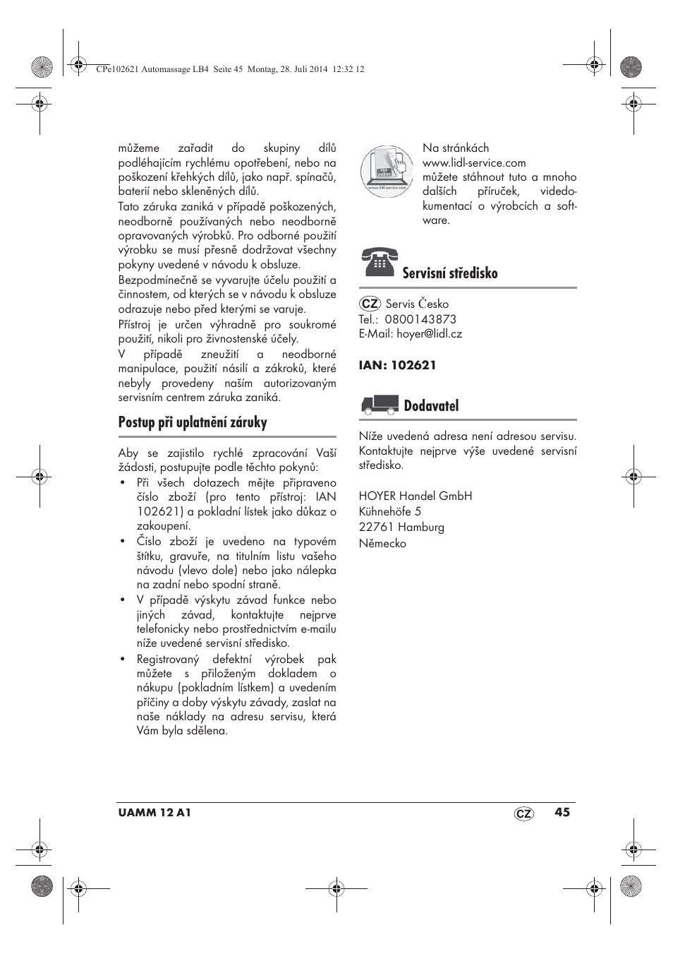 Postup při uplatnění záruky, Servisní středisko, Dodavatel | Ultimate Speed UAMM 12 A1 User Manual | Page 47 / 66