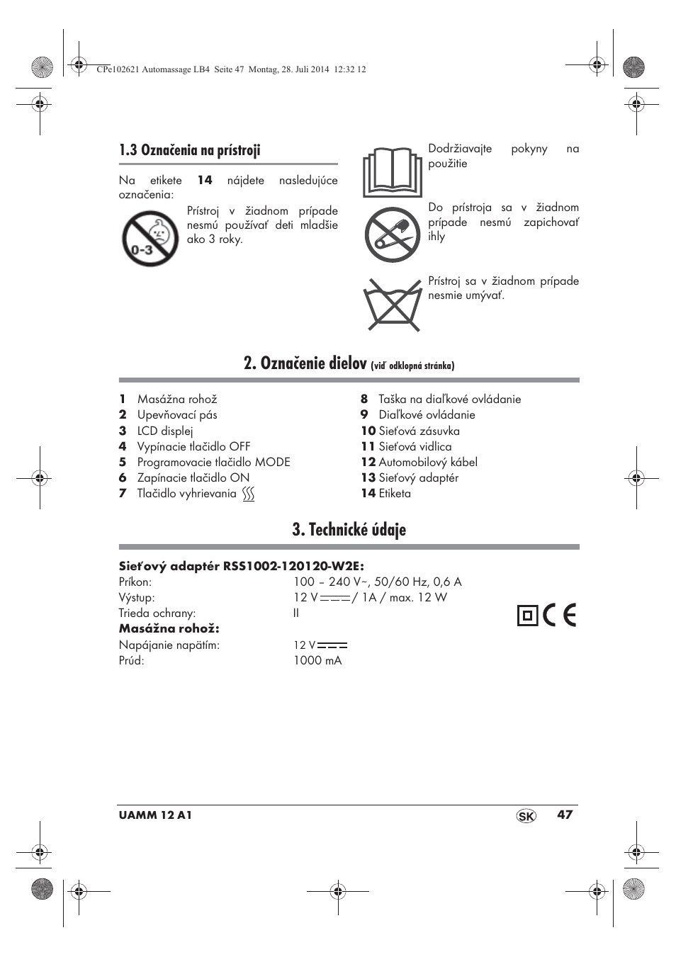 Označenie dielov, Technické údaje, 3 označenia na prístroji | Ultimate Speed UAMM 12 A1 User Manual | Page 49 / 66