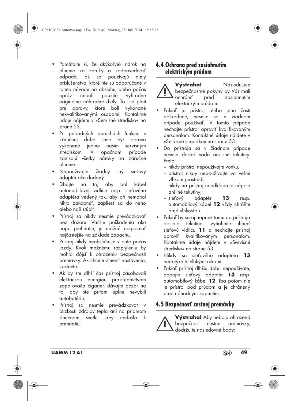 4 ochrana pred zasiahnutím elektrickým prúdom, 5 bezpečnosť cestnej premávky | Ultimate Speed UAMM 12 A1 User Manual | Page 51 / 66