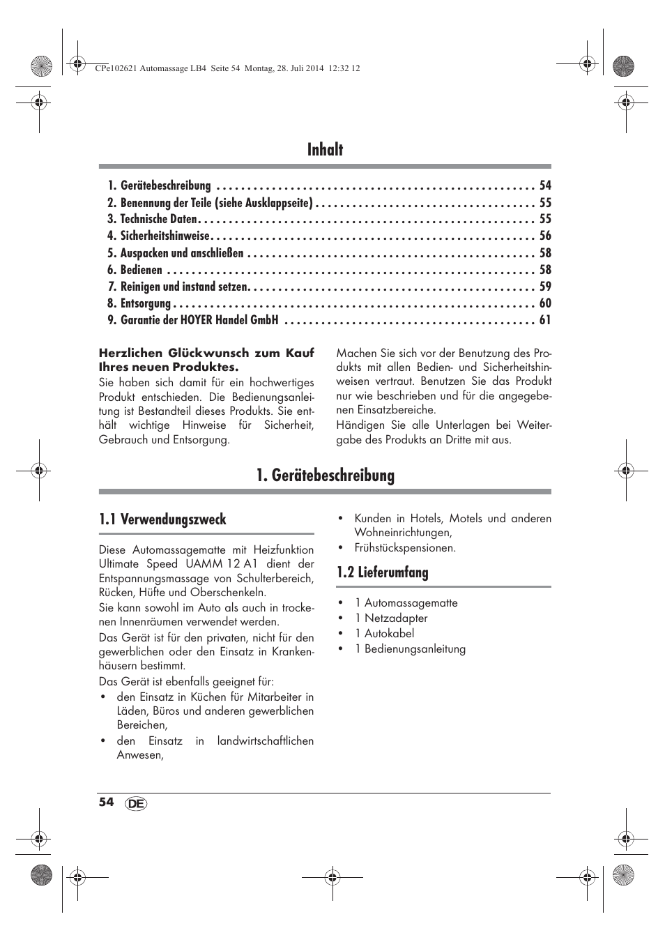 Inhalt, Gerätebeschreibung, 1 verwendungszweck | 2 lieferumfang | Ultimate Speed UAMM 12 A1 User Manual | Page 56 / 66