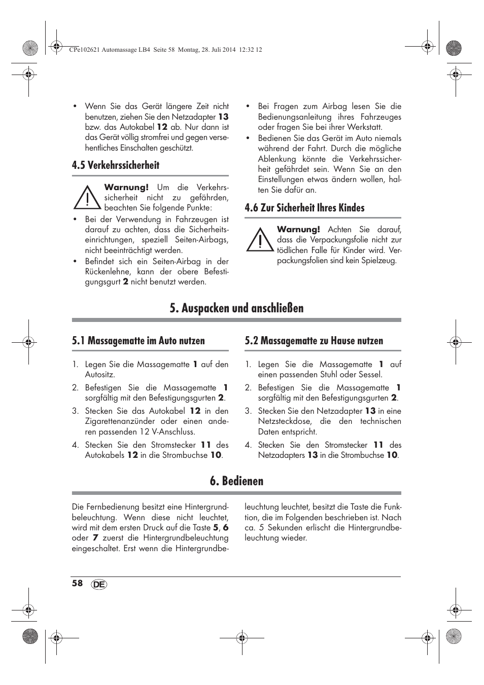Auspacken und anschließen, Bedienen, 5 verkehrssicherheit | 6 zur sicherheit ihres kindes, 1 massagematte im auto nutzen, 2 massagematte zu hause nutzen | Ultimate Speed UAMM 12 A1 User Manual | Page 60 / 66