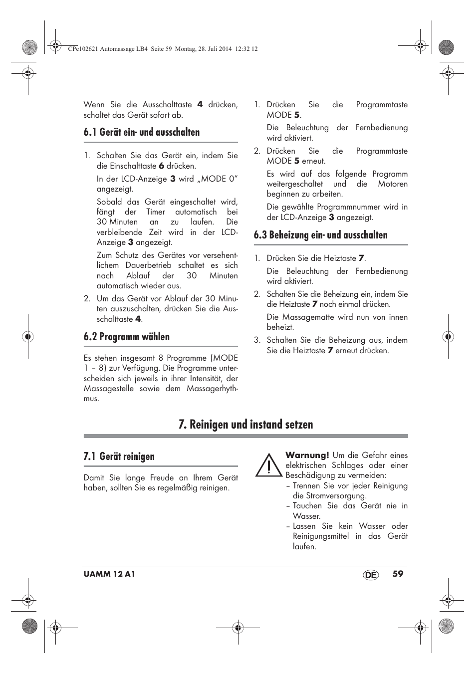 Reinigen und instand setzen, 1 gerät ein- und ausschalten, 2 programm wählen | 3 beheizung ein- und ausschalten, 1 gerät reinigen | Ultimate Speed UAMM 12 A1 User Manual | Page 61 / 66