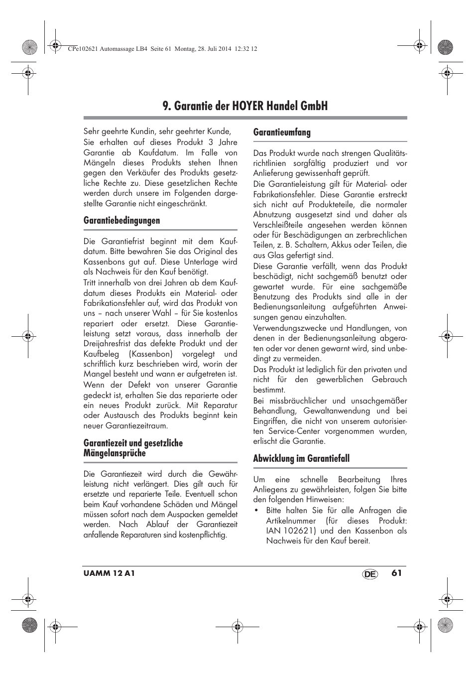 Garantie der hoyer handel gmbh | Ultimate Speed UAMM 12 A1 User Manual | Page 63 / 66