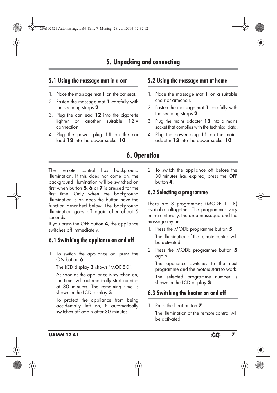 Unpacking and connecting, Operation, 1 using the massage mat in a car | 2 using the massage mat at home, 1 switching the appliance on and off, 2 selecting a programme, 3 switching the heater on and off | Ultimate Speed UAMM 12 A1 User Manual | Page 9 / 66