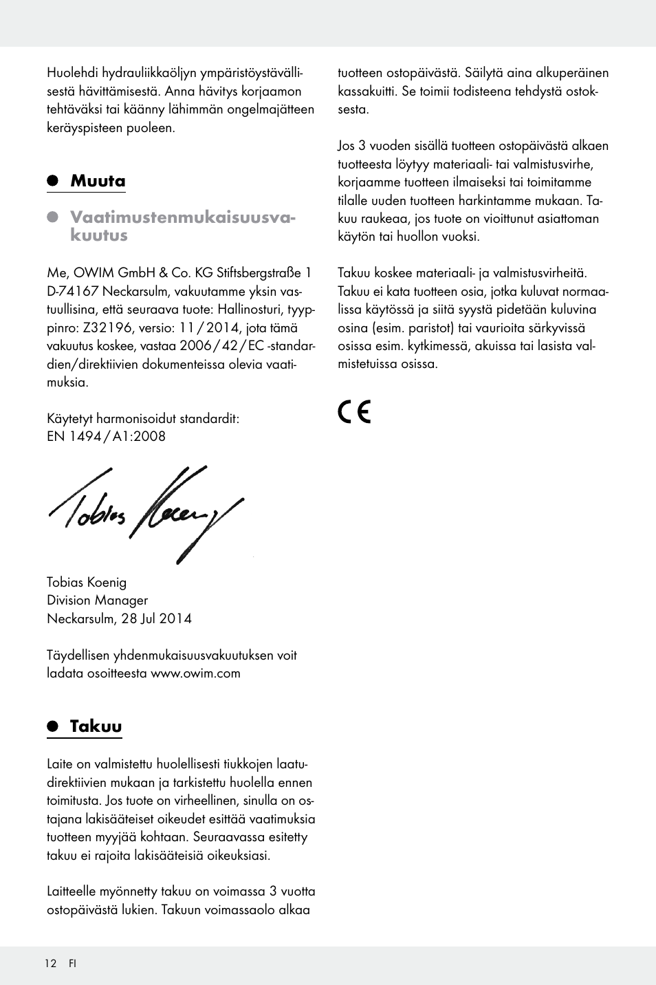 Muuta vaatimustenmukaisuusva- kuutus, Takuu | Ultimate Speed Z32196 User Manual | Page 12 / 35