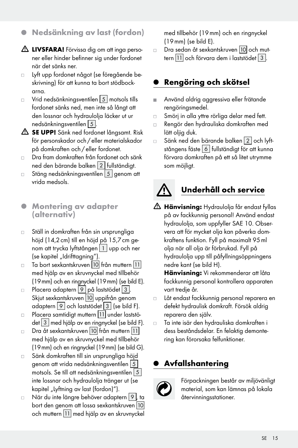 Nedsänkning av last (fordon), Montering av adapter (alternativ), Rengöring och skötsel | Underhåll och service, Avfallshantering | Ultimate Speed Z32196 User Manual | Page 15 / 35