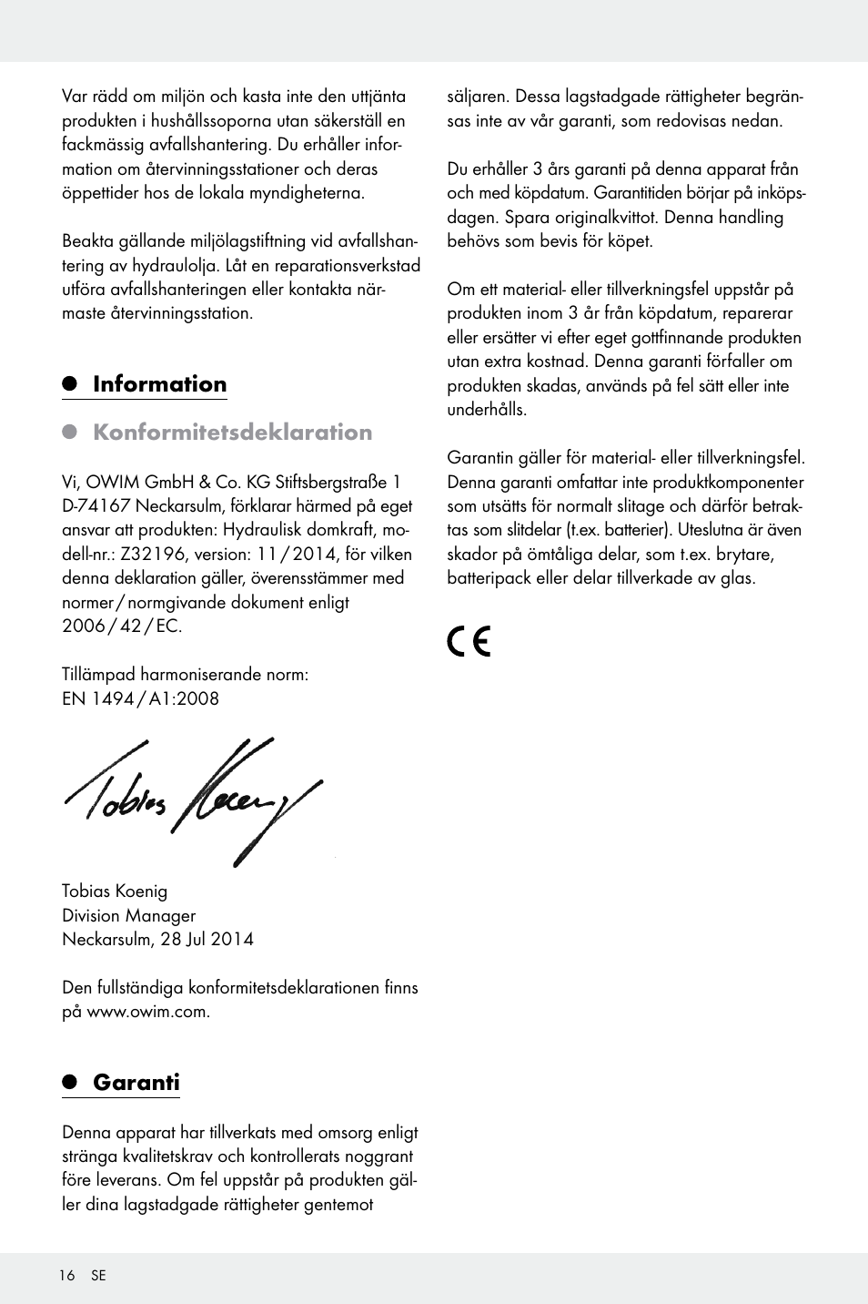Information konformitetsdeklaration, Garanti | Ultimate Speed Z32196 User Manual | Page 16 / 35