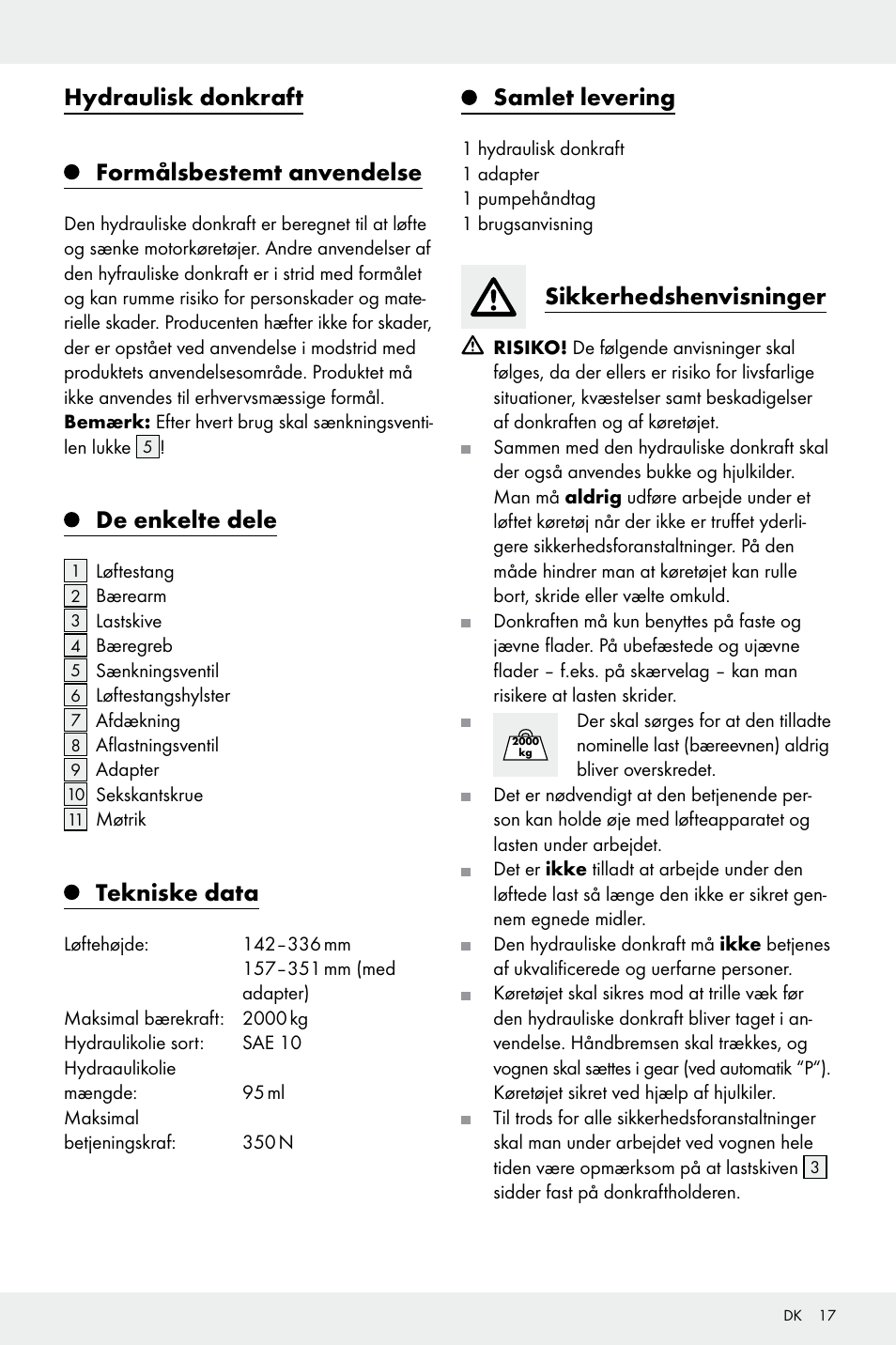 Hydraulisk donkraft formålsbestemt anvendelse, De enkelte dele, Tekniske data | Samlet levering, Sikkerhedshenvisninger | Ultimate Speed Z32196 User Manual | Page 17 / 35