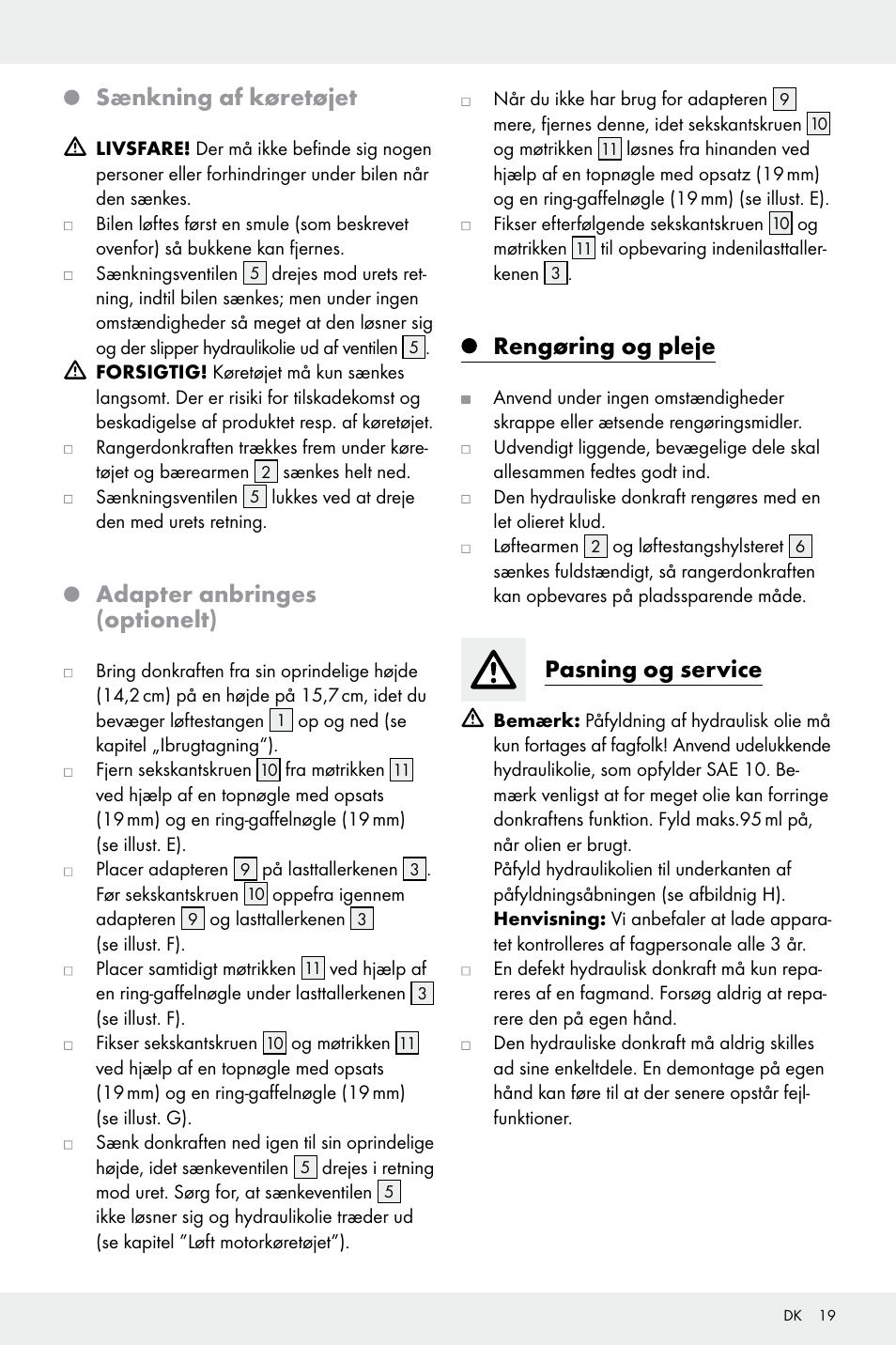 Sænkning af køretøjet, Adapter anbringes (optionelt), Rengøring og pleje | Pasning og service | Ultimate Speed Z32196 User Manual | Page 19 / 35