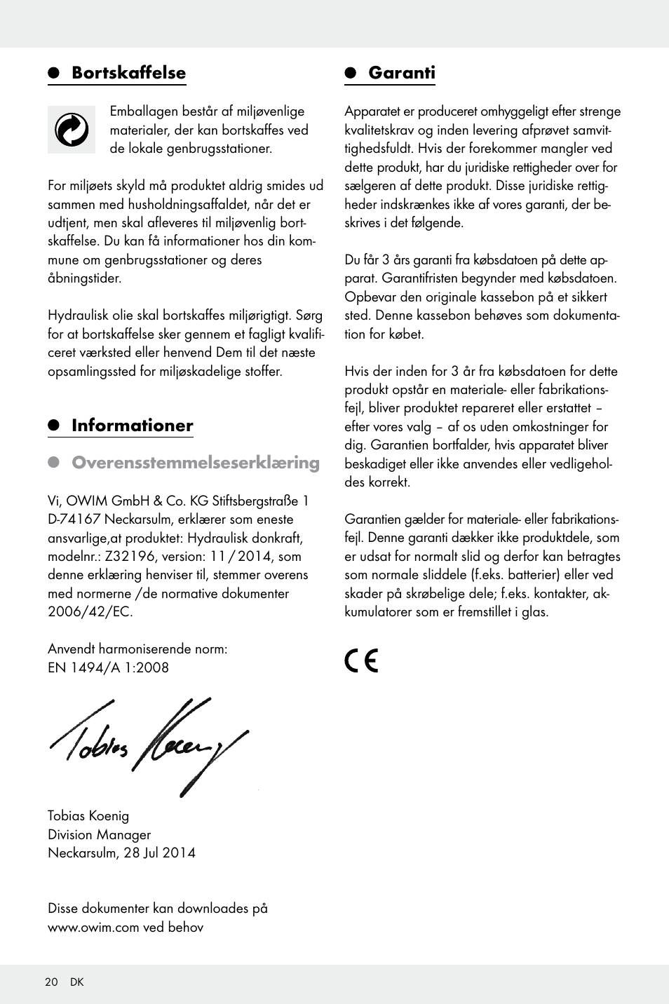 Bortskaffelse, Informationer overensstemmelseserklæring, Garanti | Ultimate Speed Z32196 User Manual | Page 20 / 35