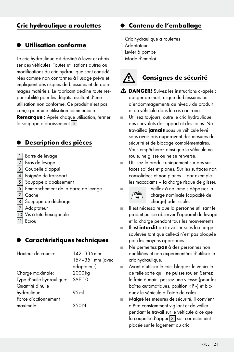 Cric hydraulique a roulettes utilisation conforme, Description des pièces, Caractéristiques techniques | Contenu de l’emballage, Consignes de sécurité | Ultimate Speed Z32196 User Manual | Page 21 / 35