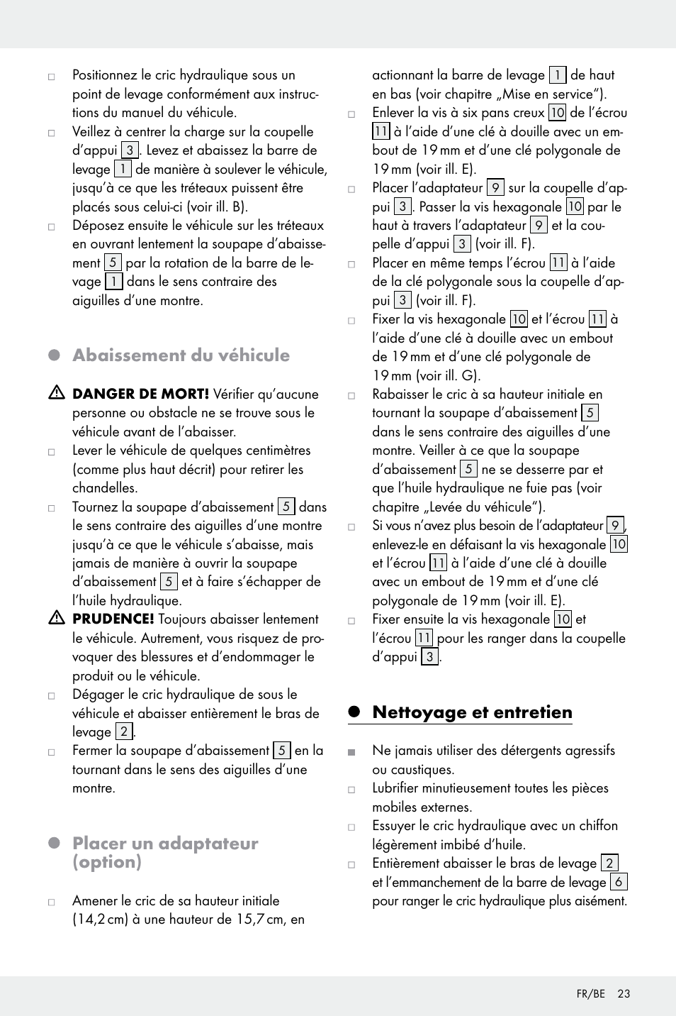 Abaissement du véhicule, Placer un adaptateur (option), Nettoyage et entretien | Ultimate Speed Z32196 User Manual | Page 23 / 35