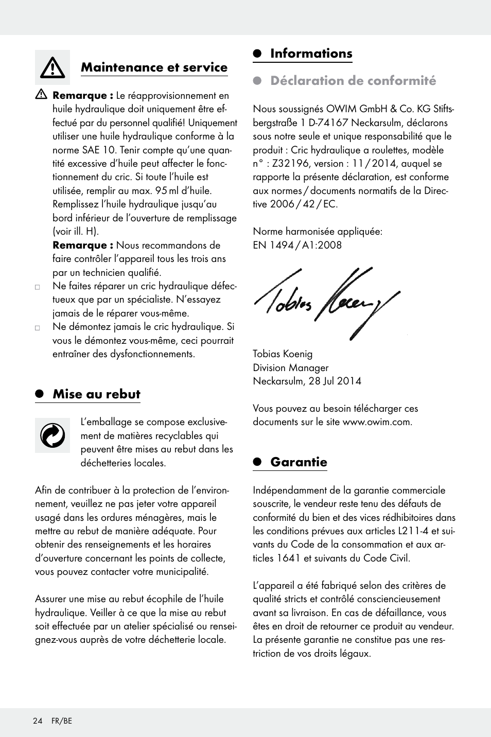 Maintenance et service, Mise au rebut, Informations déclaration de conformité | Garantie | Ultimate Speed Z32196 User Manual | Page 24 / 35