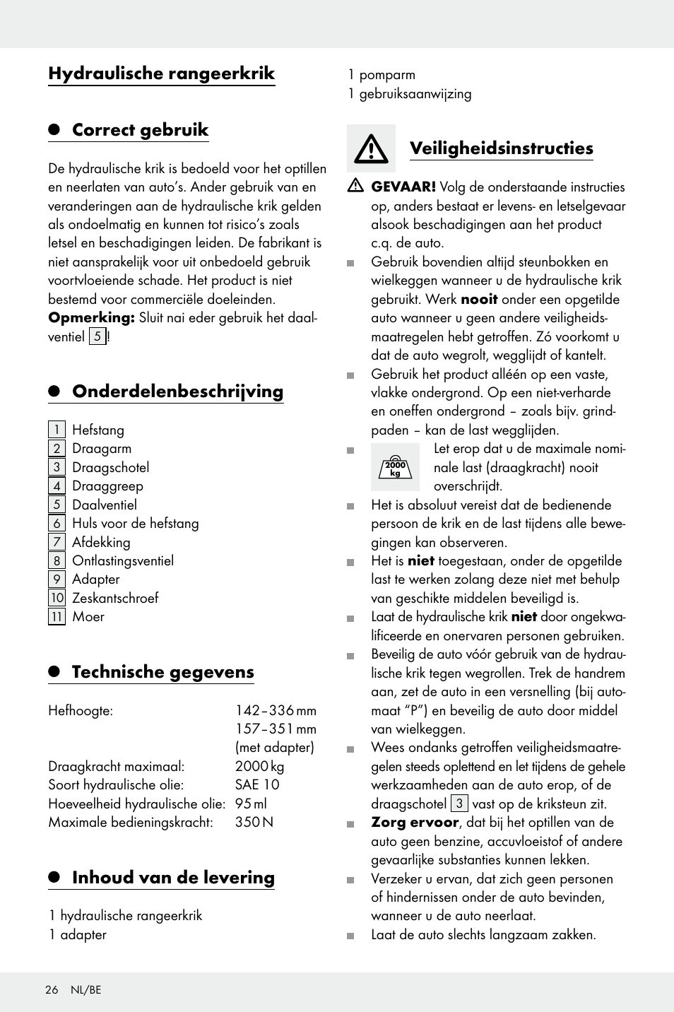 Hydraulische rangeerkrik correct gebruik, Onderdelenbeschrijving, Technische gegevens | Inhoud van de levering, Veiligheidsinstructies | Ultimate Speed Z32196 User Manual | Page 26 / 35