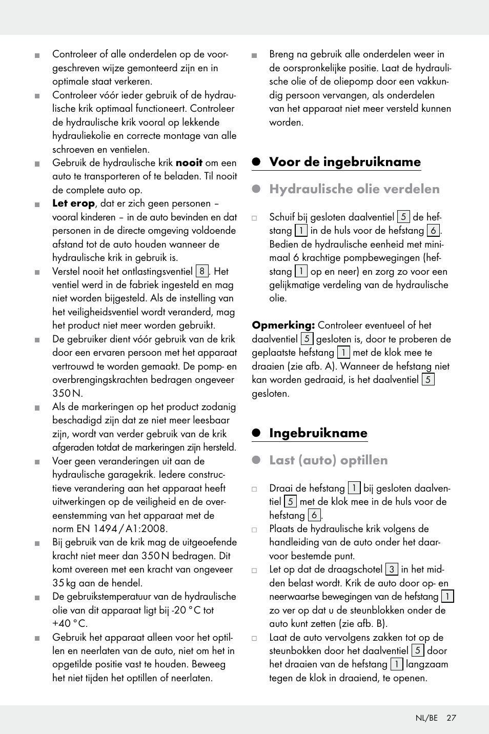 Voor de ingebruikname hydraulische olie verdelen, Ingebruikname last (auto) optillen | Ultimate Speed Z32196 User Manual | Page 27 / 35