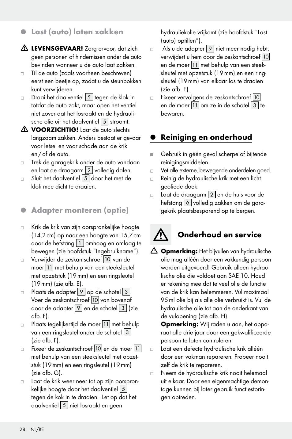 Last (auto) laten zakken, Adapter monteren (optie), Reiniging en onderhoud | Onderhoud en service | Ultimate Speed Z32196 User Manual | Page 28 / 35