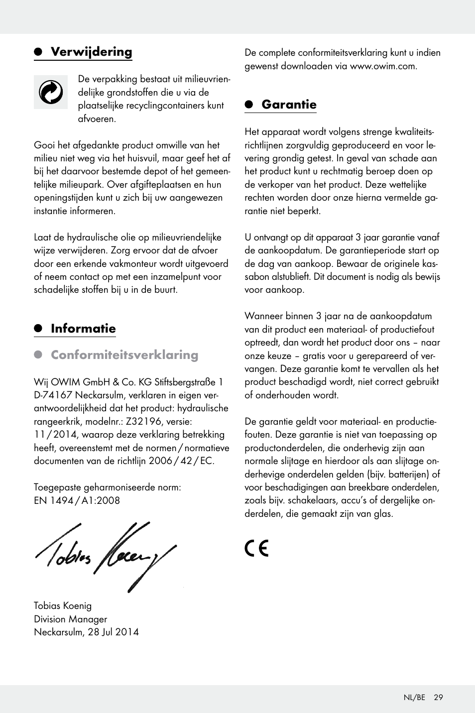 Verwijdering, Informatie conformiteitsverklaring, Garantie | Ultimate Speed Z32196 User Manual | Page 29 / 35