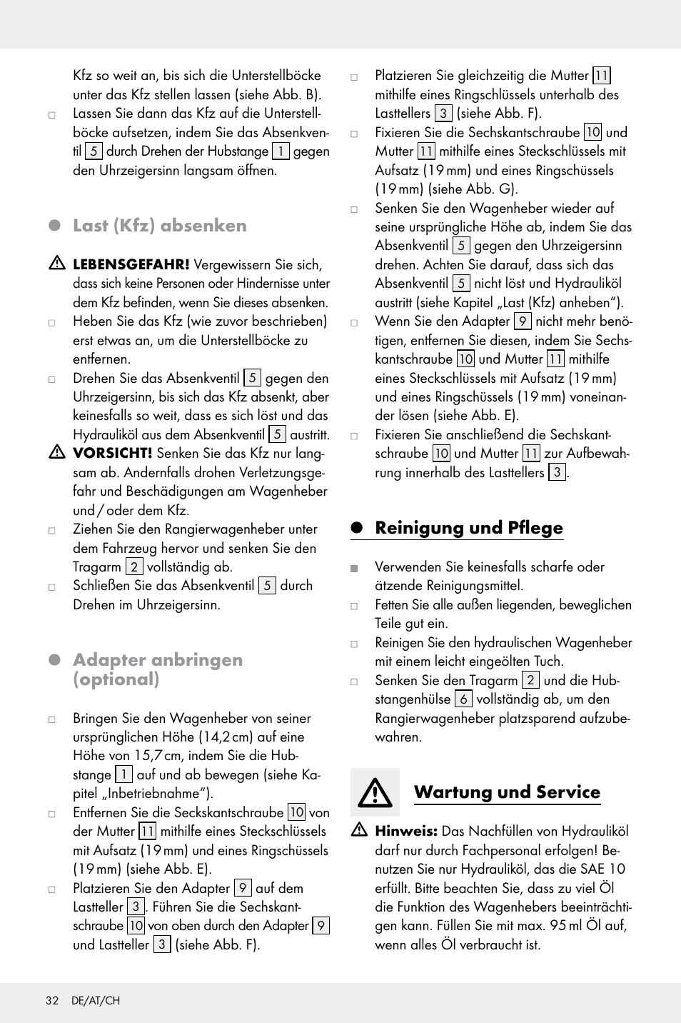 Last (kfz) absenken, Adapter anbringen (optional), Reinigung und pflege | Wartung und service | Ultimate Speed Z32196 User Manual | Page 32 / 35