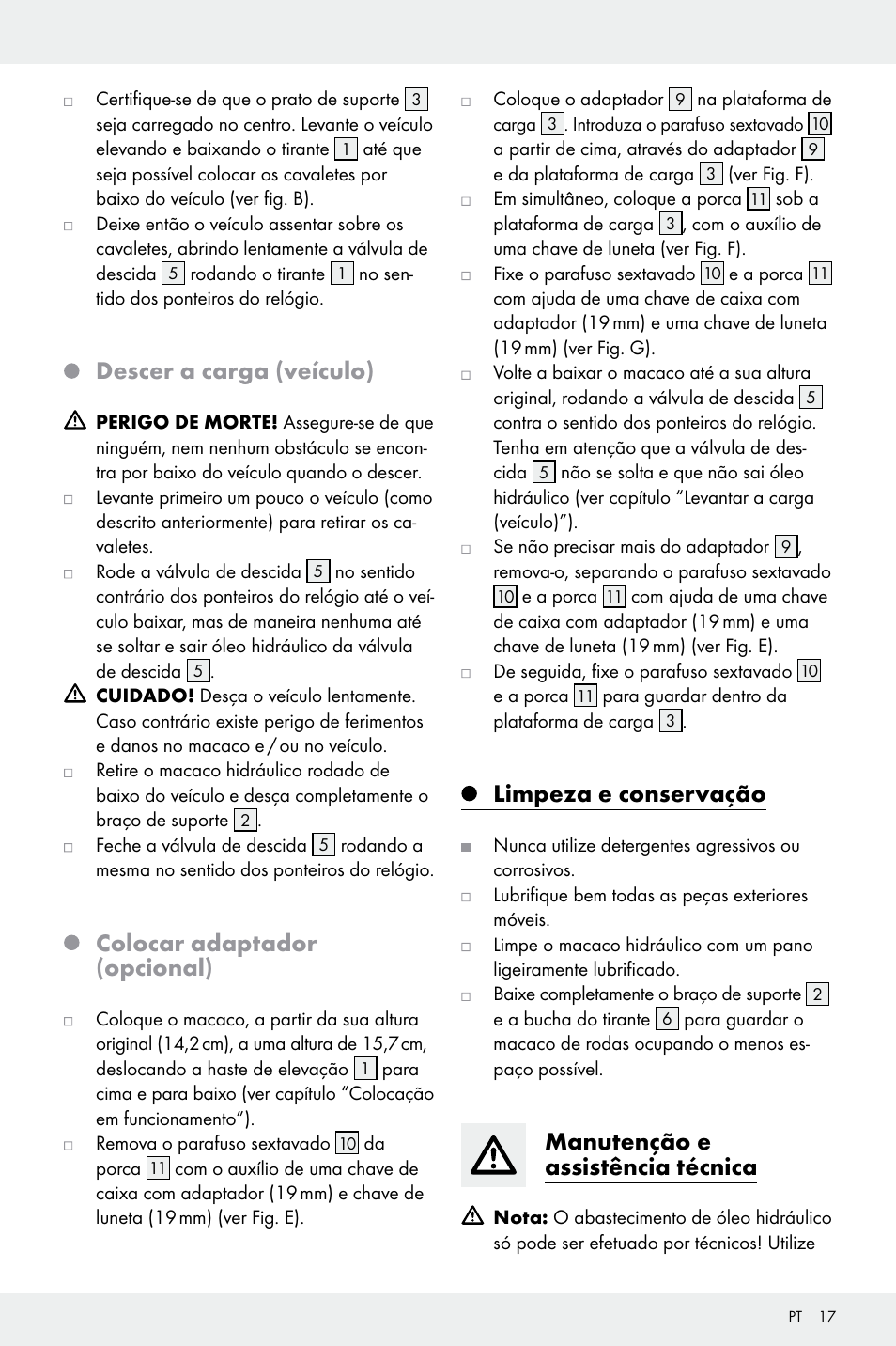 Descer a carga (veículo), Colocar adaptador (opcional), Limpeza e conservação | Manutenção e assistência técnica | Ultimate Speed Z32196 User Manual | Page 17 / 29