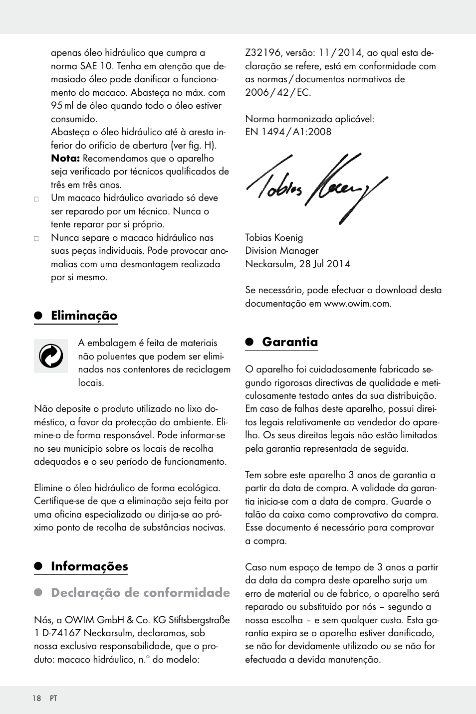 Eliminação, Informações declaração de conformidade, Garantia | Ultimate Speed Z32196 User Manual | Page 18 / 29
