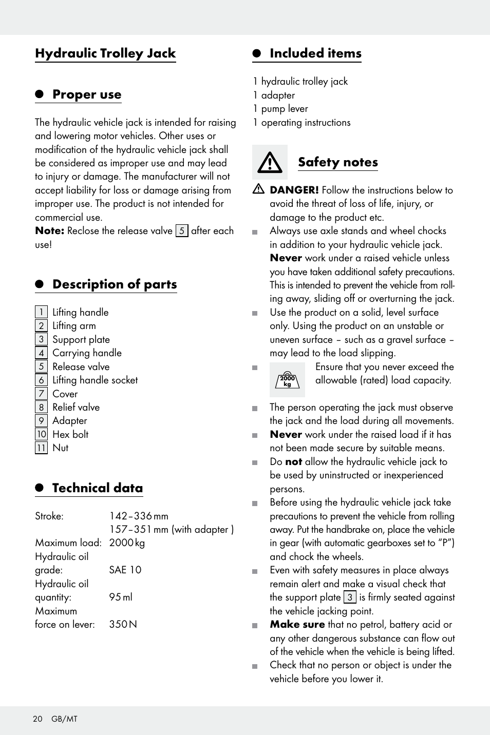 Hydraulic trolley jack proper use, Description of parts, Technical data | Included items | Ultimate Speed Z32196 User Manual | Page 20 / 29