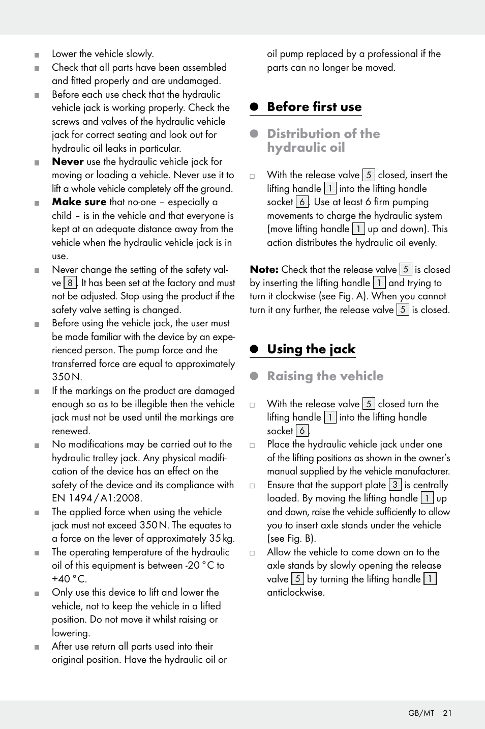 Before first use distribution of the hydraulic oil, Using the jack raising the vehicle | Ultimate Speed Z32196 User Manual | Page 21 / 29