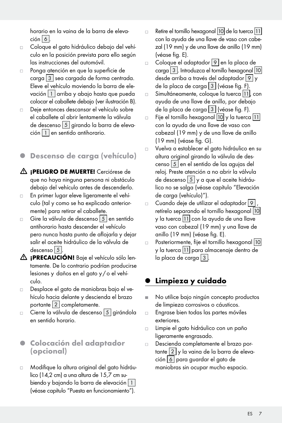 Descenso de carga (vehículo), Colocación del adaptador (opcional), Limpieza y cuidado | Ultimate Speed Z32196 User Manual | Page 7 / 29