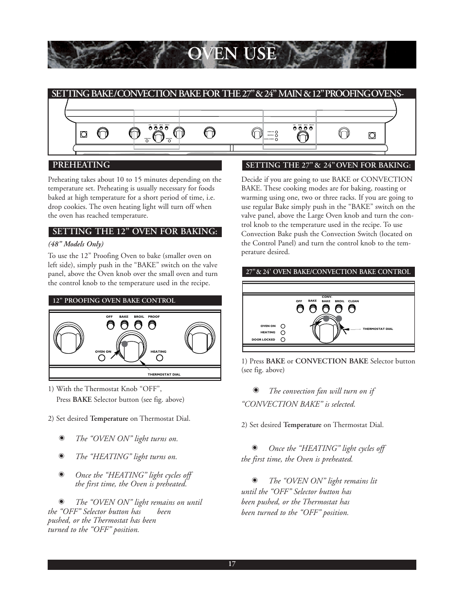 Oven use, Setting the 12” oven for baking: preheating, Setting the 27” & 24” oven for baking | 2) set desired temperature on thermostat dial, 27”& 24' oven bake/convection bake control | DCS 30 inch User Manual | Page 18 / 31