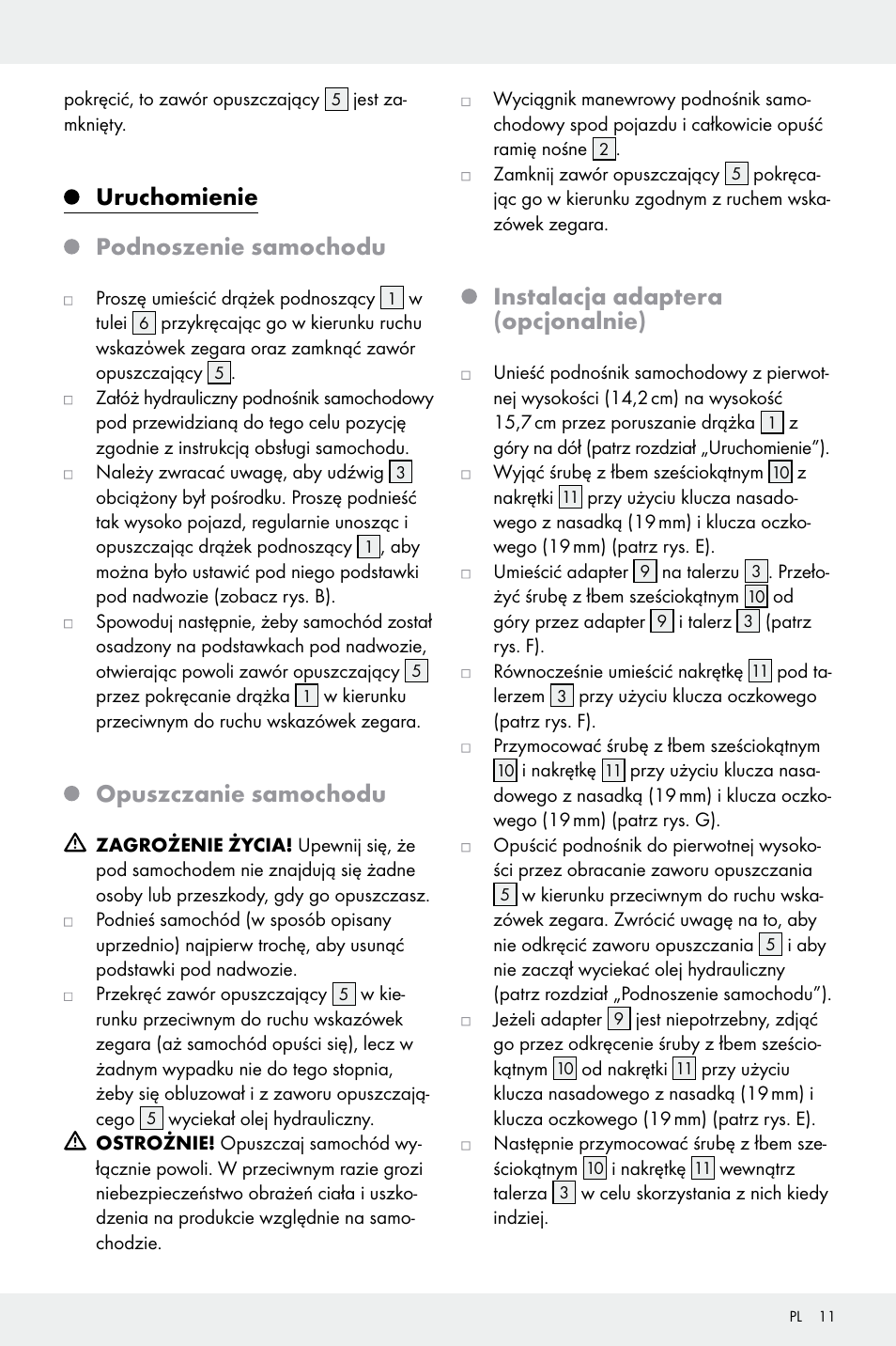 Uruchomienie podnoszenie samochodu, Opuszczanie samochodu, Instalacja adaptera (opcjonalnie) | Ultimate Speed Z32196 User Manual | Page 11 / 37