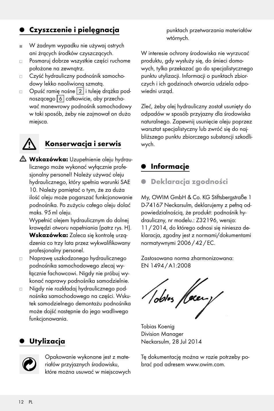 Czyszczenie i pielęgnacja, Konserwacja i serwis, Utylizacja | Informacje deklaracja zgodności | Ultimate Speed Z32196 User Manual | Page 12 / 37