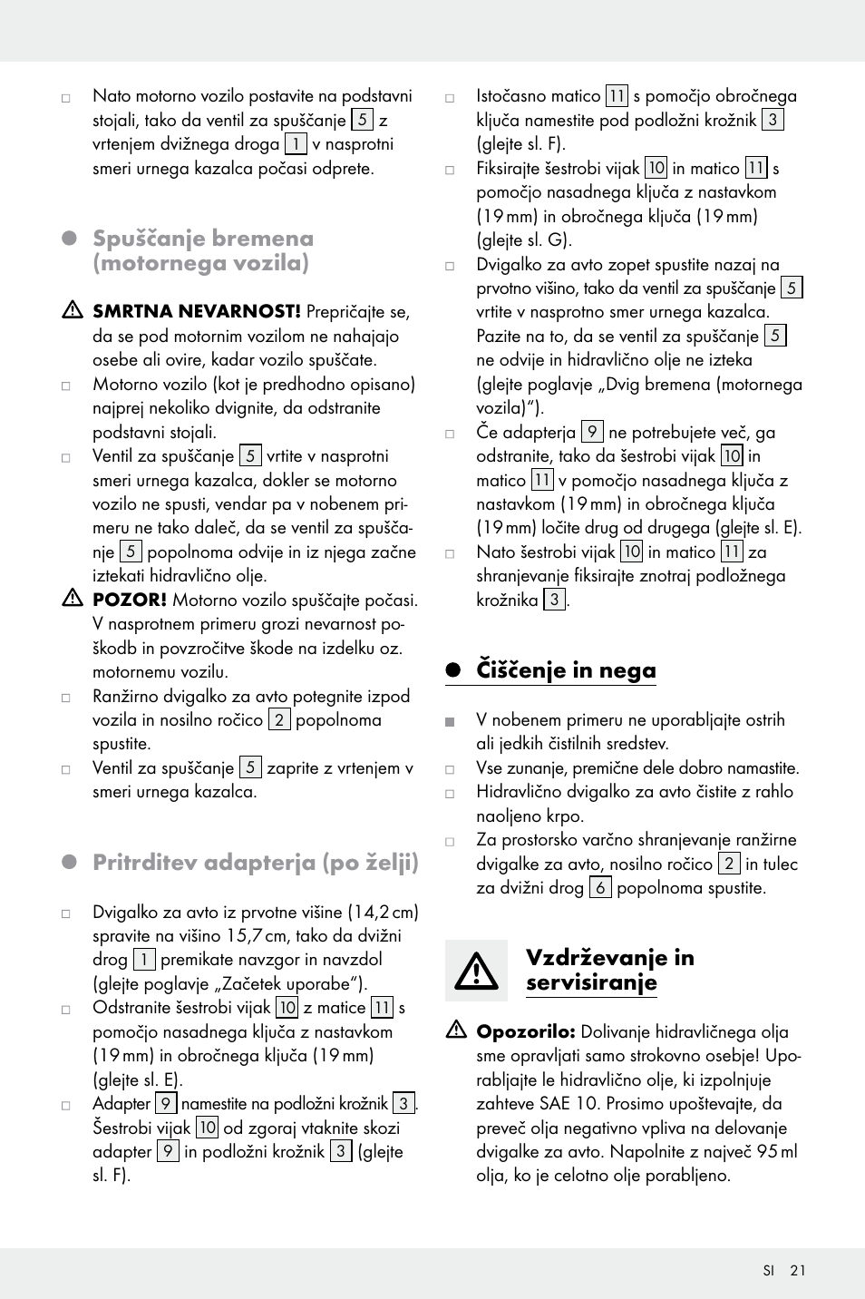 Spuščanje bremena (motornega vozila), Pritrditev adapterja (po želji), Čiščenje in nega | Vzdrževanje in servisiranje | Ultimate Speed Z32196 User Manual | Page 21 / 37