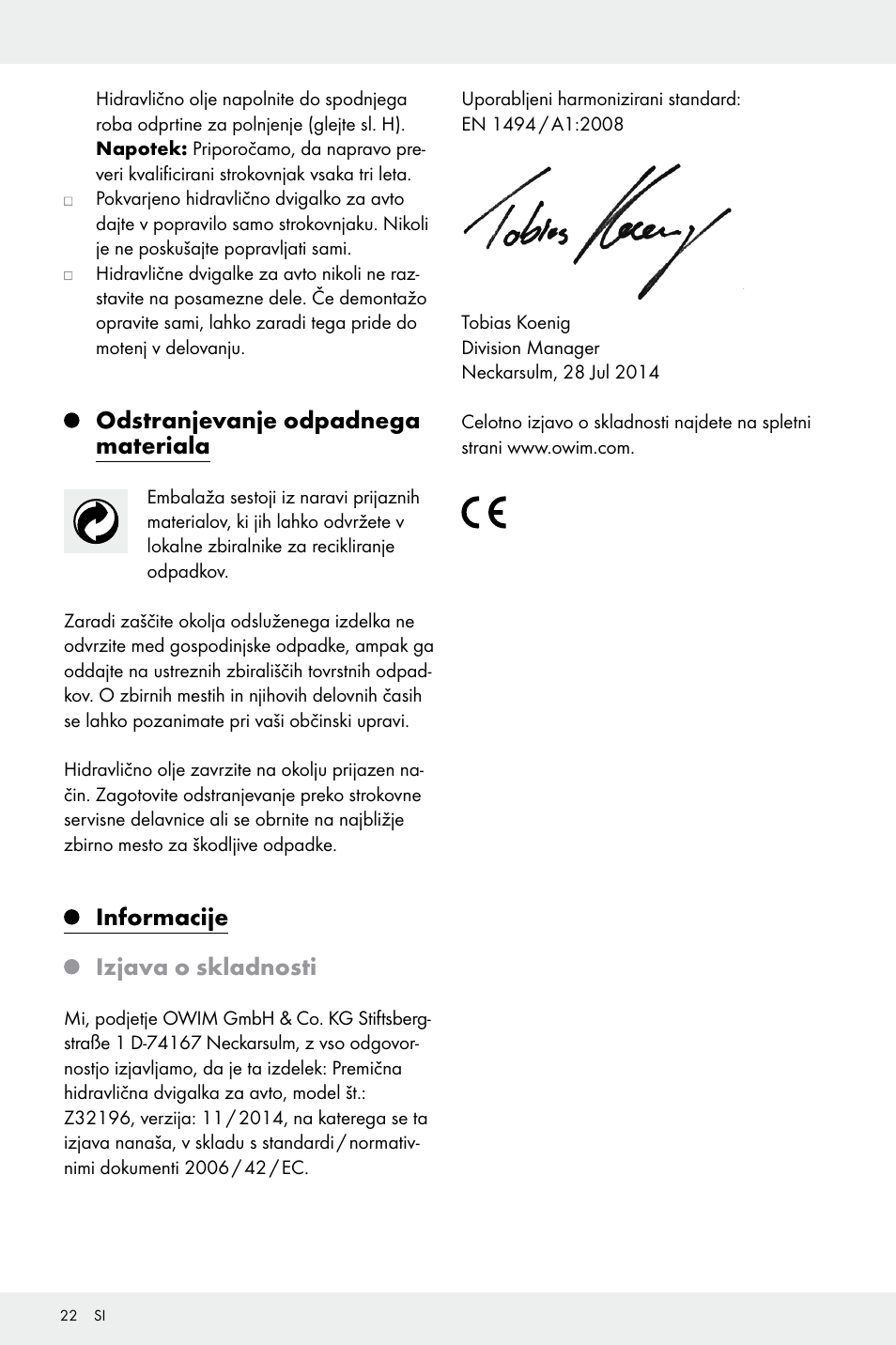 Odstranjevanje odpadnega materiala, Informacije izjava o skladnosti | Ultimate Speed Z32196 User Manual | Page 22 / 37